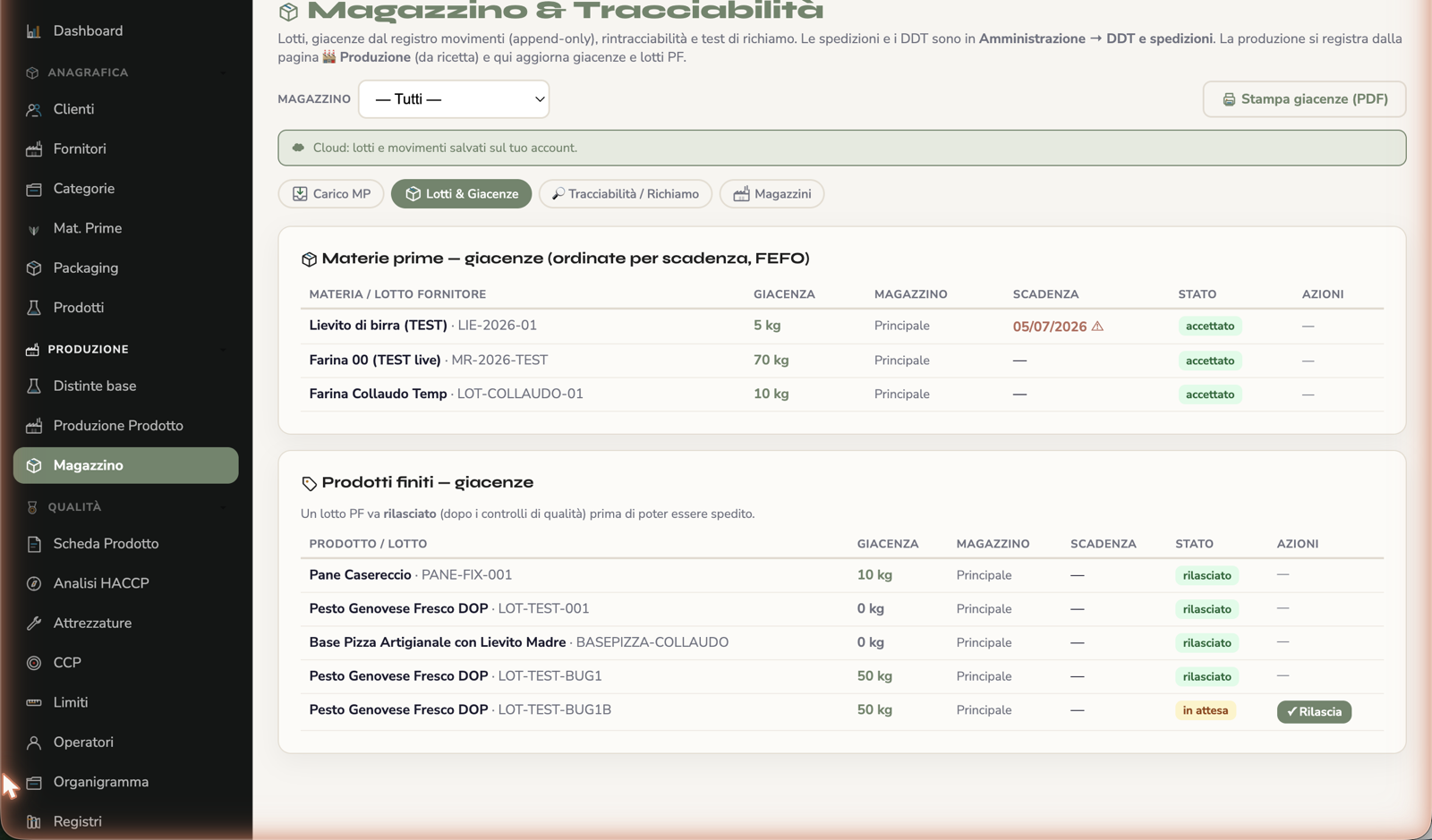 Warehouse, batches and traceability for the mock recall test in KoreLab