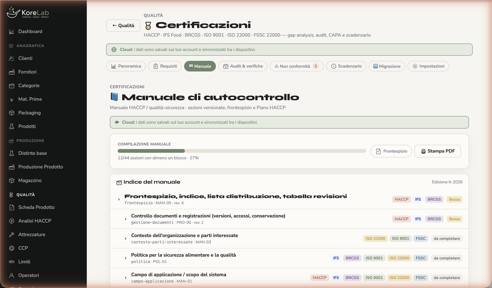 Versioned HACCP self-monitoring manual in KoreLab, with draft, approved and obsolete sections