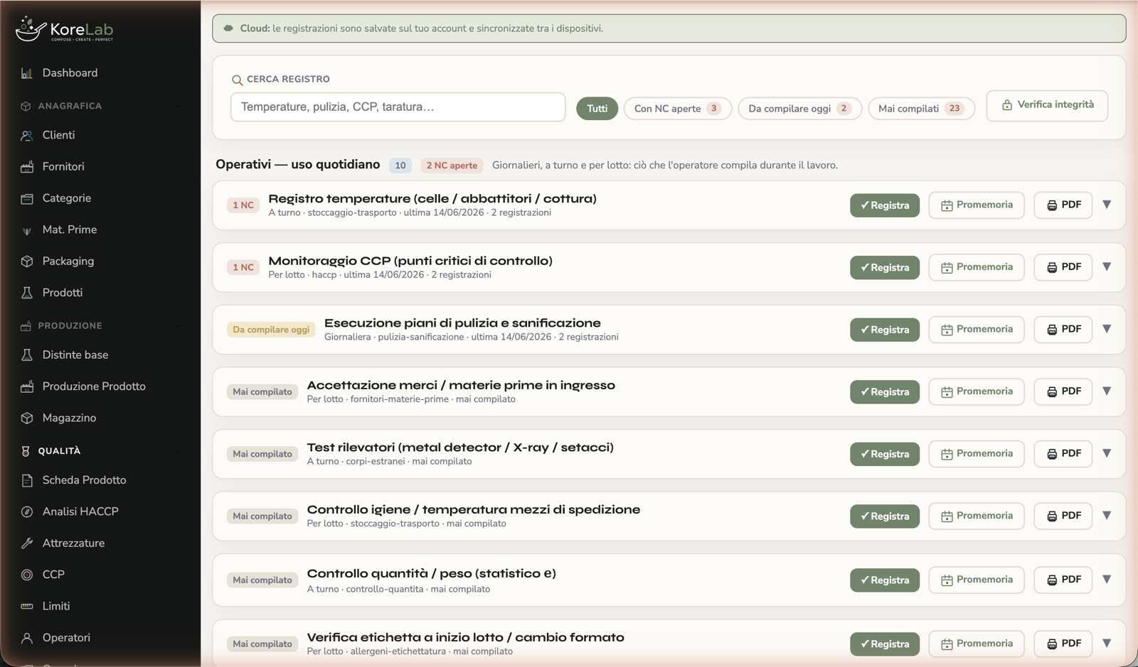 Append-only ALCOA+ operational records in KoreLab, e.g. a temperature log