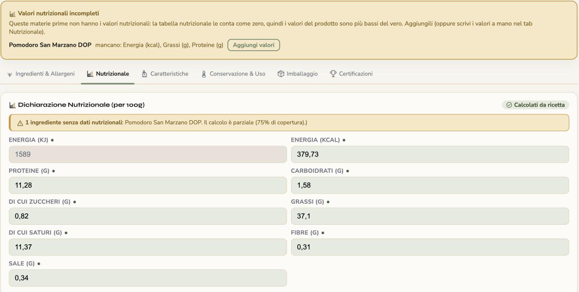 Dichiarazione nutrizionale per 100 g calcolata dalla ricetta nella scheda tecnica KoreLab, con avviso sulla copertura dei dati