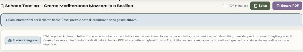 Intestazione della scheda tecnica in KoreLab con i pulsanti Salva, Genera PDF, PDF in inglese e Traduci in inglese