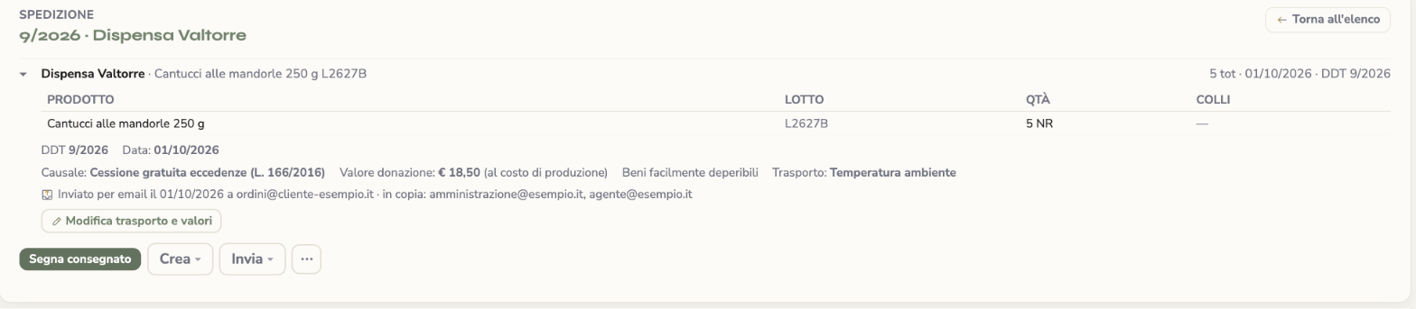 Donation delivery note in KoreLab with value, perishable goods and logged email send with addresses in copy