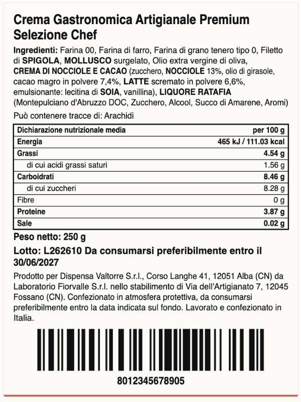 60×80 mm label generated by KoreLab with allergens in bold capitals, nutrition table, batch and barcode