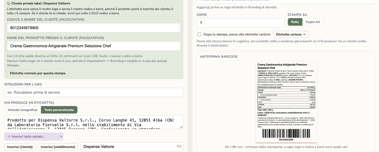 KoreLab labels for a private label customer: barcode and product name at the customer, Made by text and preview