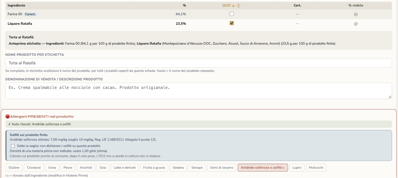 KoreLab product sheet: liqueur QUID and estimated sulphites on the finished product against the 10 mg/kg threshold
